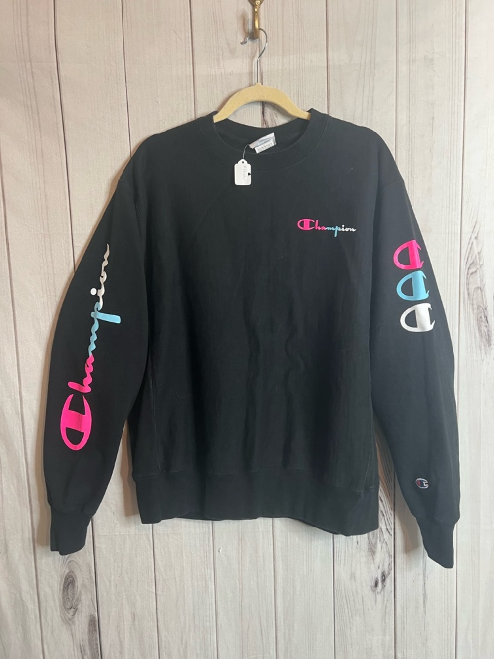 Champion Black Crewneck Sweatshirt with Pink & Teal Logos